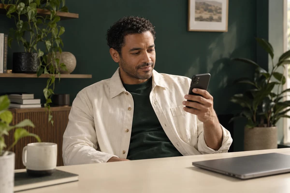 Illustrative business owner reading a relevant message on his phone